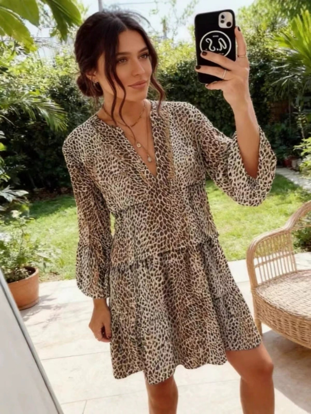 Women Leopard Print V Neck Plus Size Loose Long Sleeve Tiered Dress